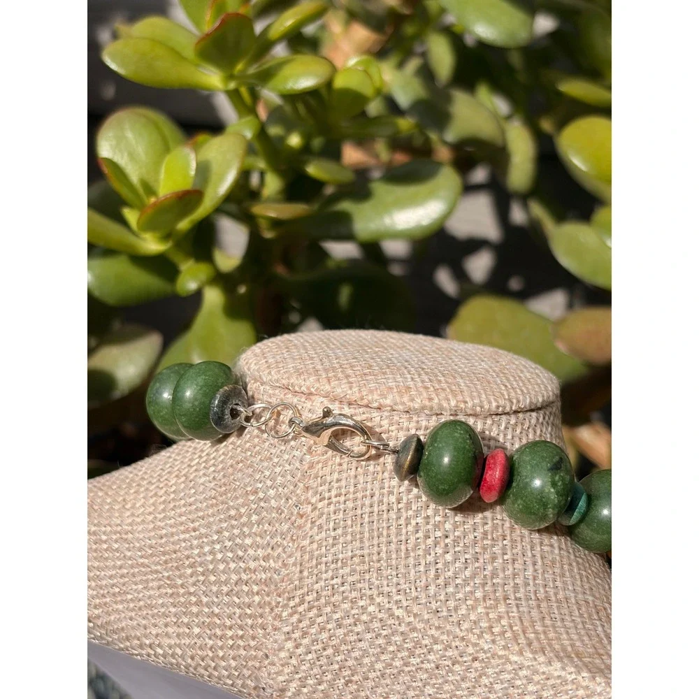 Handmade Boho Chunky Green Glass Beaded Necklace Mixed Color Eclectic Statement
